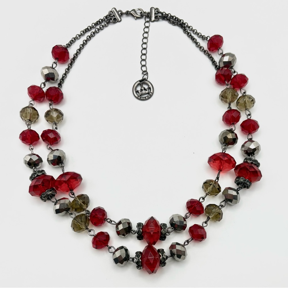 Trifari Faceted Bead & Rhinestone Rhondelle Double Layer Gunmetal Necklace